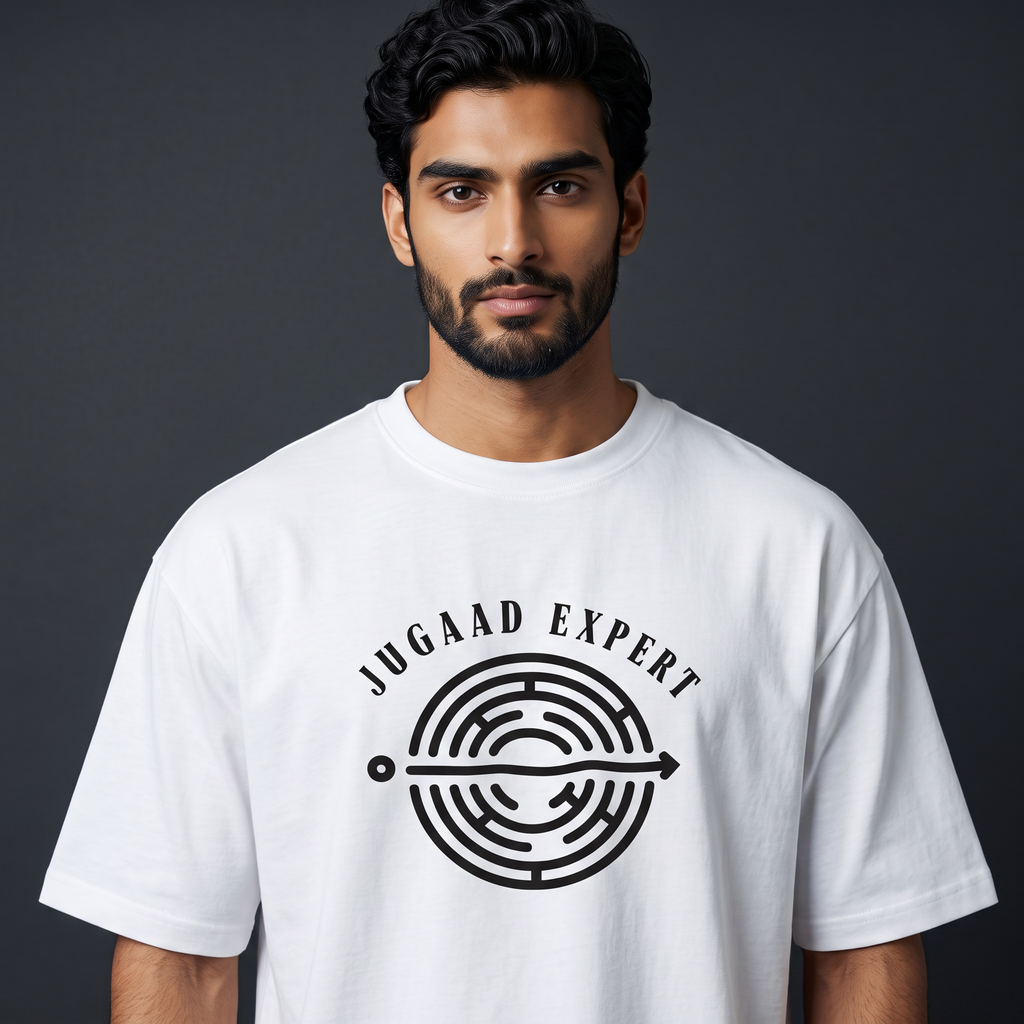 A man wearing a white crew-neck t-shirt with a black graphic print that reads 'JUGAAD EXPERT' around a circular maze design, set against a dark gray studio background.