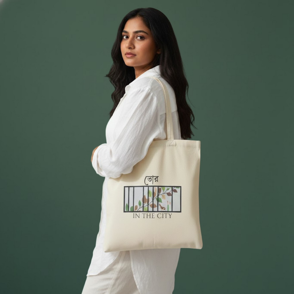 Woman holding a tote bag with a design on a green background