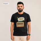 A man wearing a black short-sleeve t-shirt with a retro radio and Bengali text graphic, paired with beige pants, standing against a plain beige background.
