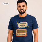 A man wearing a navy blue graphic t-shirt with a cartoon retro radio and Bengali text bubble. The image has a 'REGULAR FIT' label in the top-left corner.