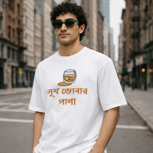 Person wearing a white t-shirt with a graphic and text on a city street