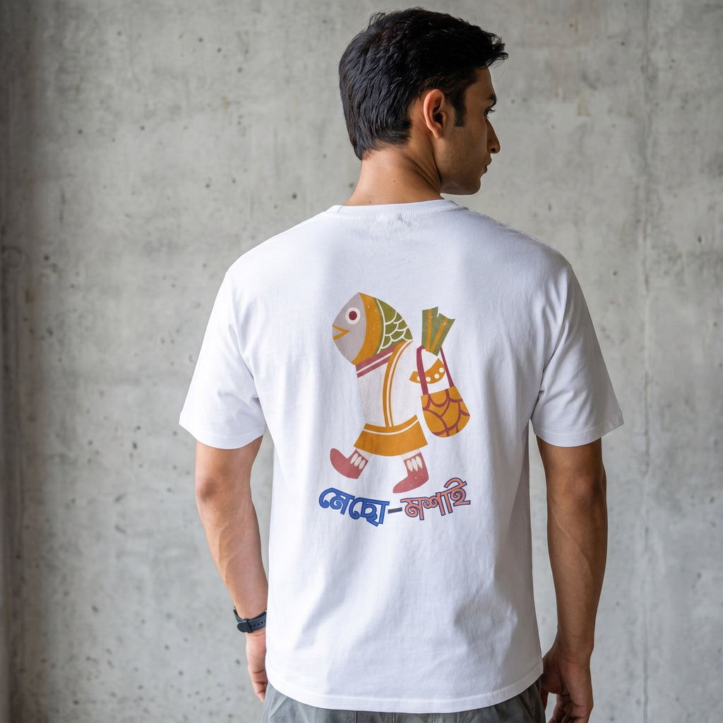 A man wearing a white t-shirt, viewed from the back. The shirt features a colorful graphic of two stylized fish in orange, yellow, and green, with blue and red Bengali text underneath.