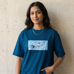 A woman wearing a teal blue t-shirt with a graphic print of a stylized fish on the chest, standing against a textured concrete wall.