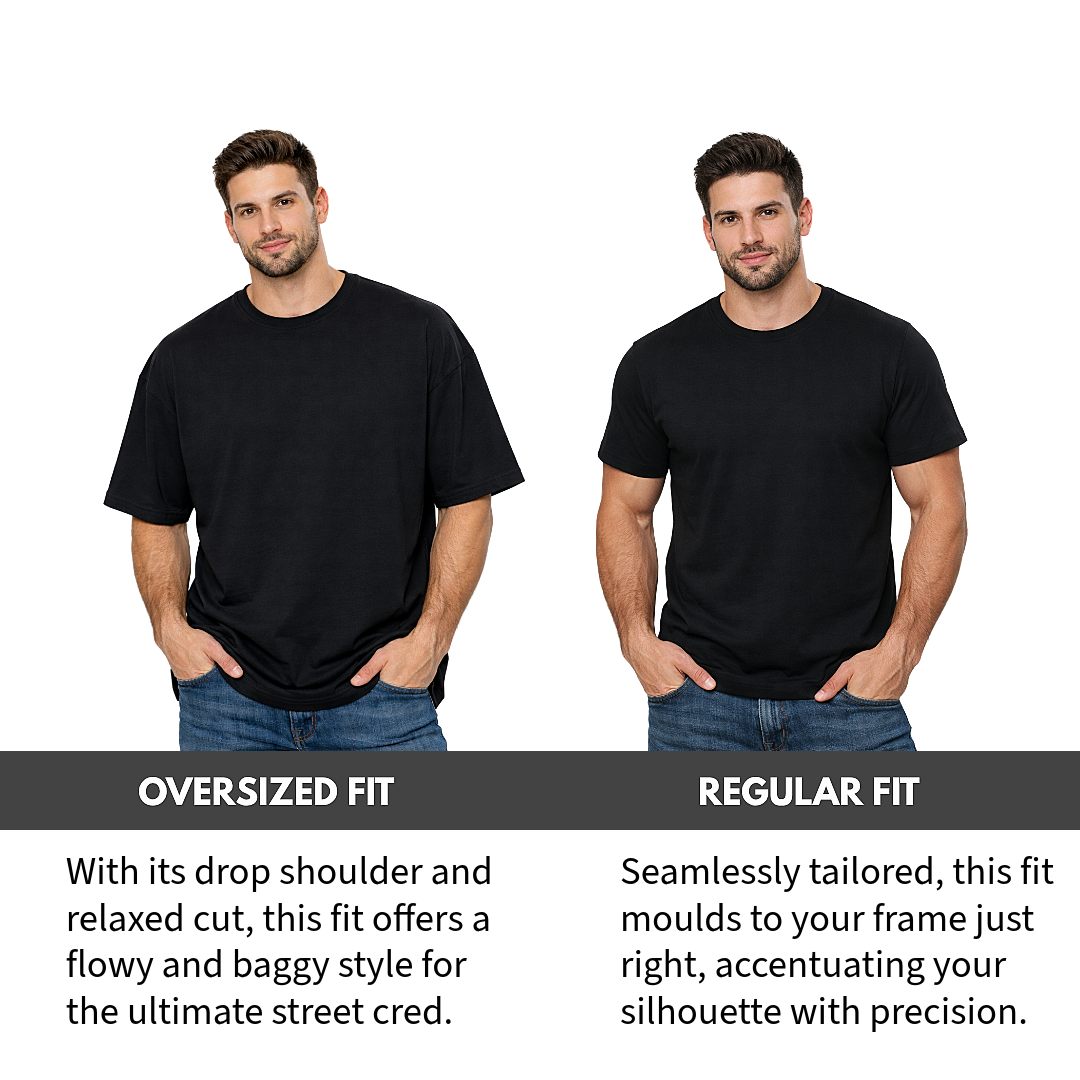 Two men wearing black t-shirts with text describing oversized and regular fit.