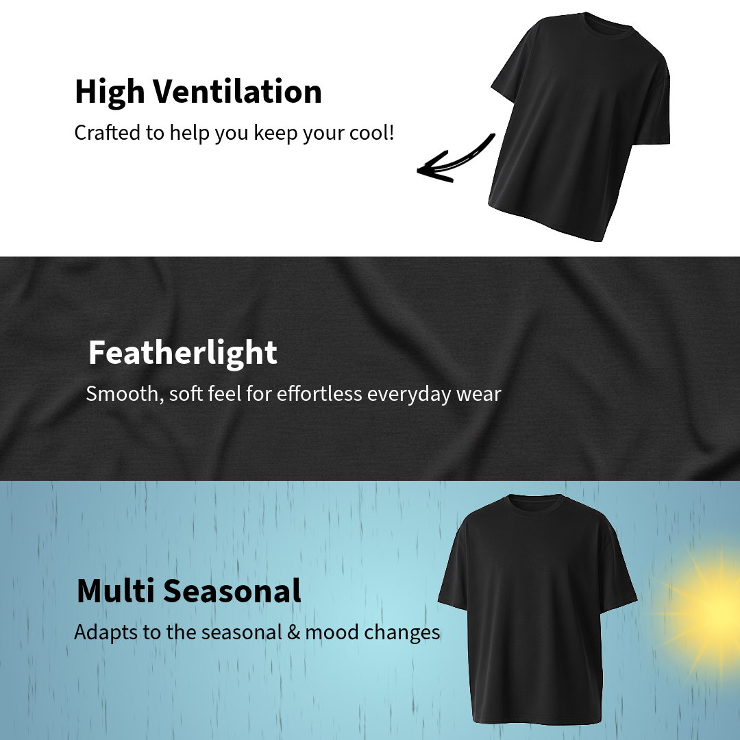 Black t-shirt with features highlighted on a white background