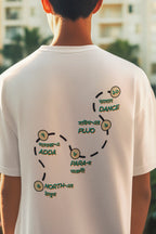 Person wearing a white t-shirt with green text and graphics on the back, standing outdoors.